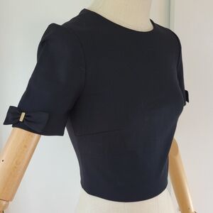 Ted Baker London Black Short Sleeve Crop Top With Bow Details & Gold Zipper SZ 1